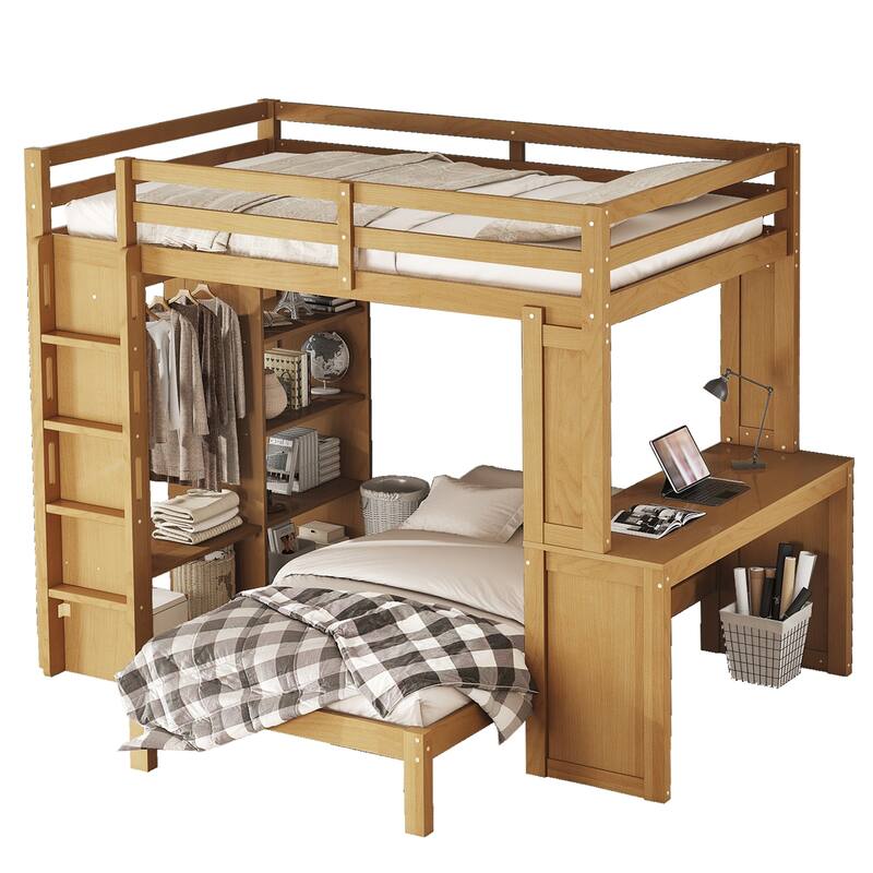 Full over Twin Bunk Bed with Dismountable Lower Bed and Desk, Solid Wood Bunk Beds Frame with Built-in Shelves and Wardrobe