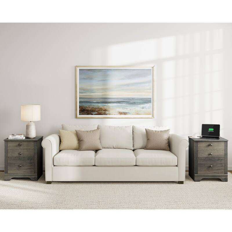2 Drawer Wood End Table with Charging Station for Bedroom Living Room - Grayish Brown-2 Pack