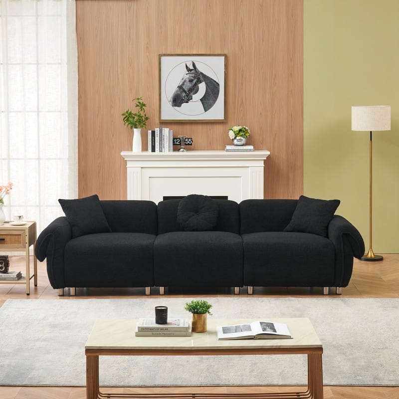 109.05" New Design Three-Seater Teddy Velvet Cushioned Sofa - Black