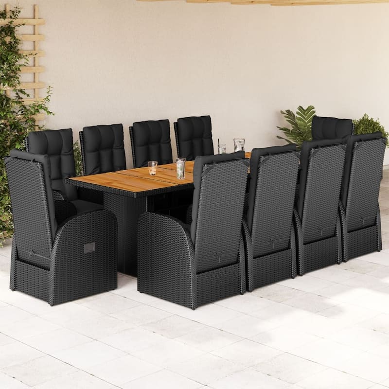 vidaXL Patio Dining Set with Cushions Outdoor Furniture Black Poly Rattan - 35.4 x 94.5 x 29.5 - Black-chair + reclining chair/ Wood 2