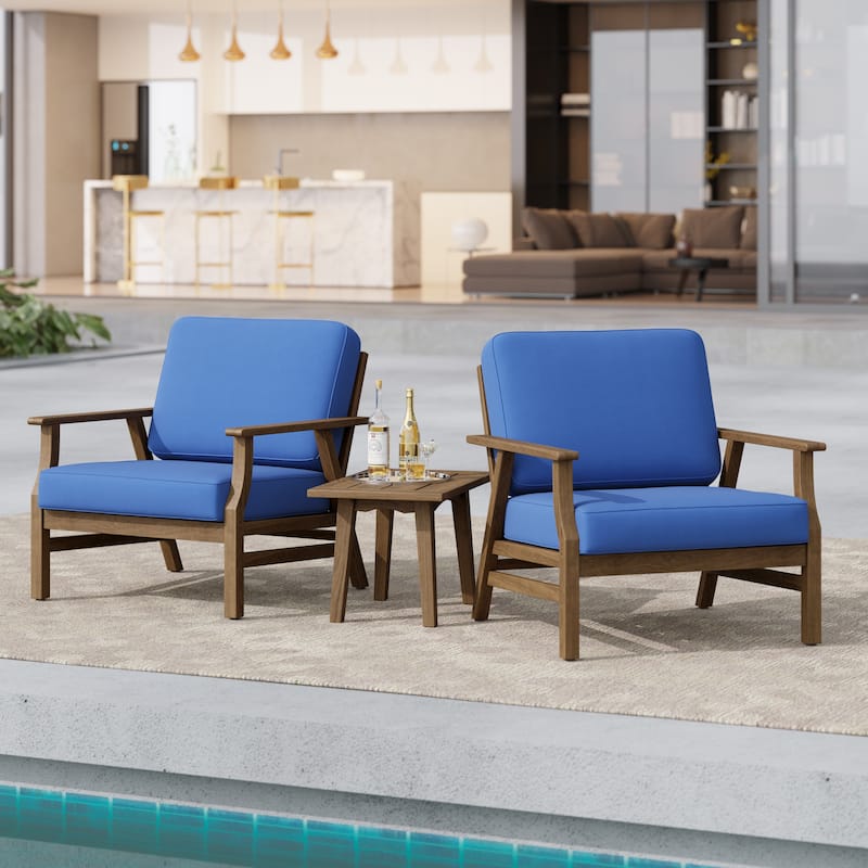 3-Piece Outdoor Patio Wood 2 Set Cushioned Armchair with Side Table - Blue