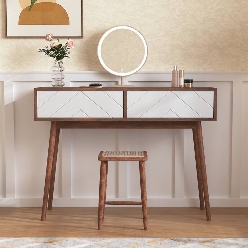 Console Table with 2 Carved Panel Drawers, Storage Space and Wood Legs