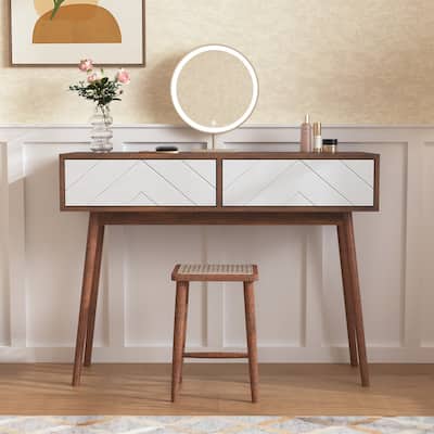 Console Table with 2 Carved Panel Drawers, Storage Space and Wood Legs