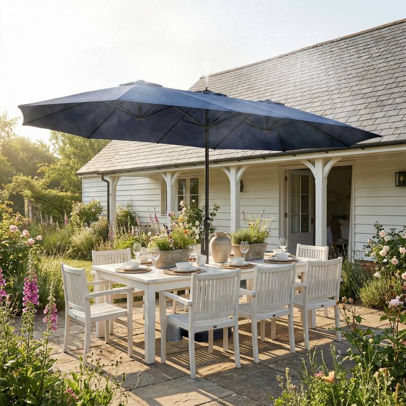 15 FT Double-Sided Patio Umbrella with Base Included, Electric Misting System 4-Level Wind Resistant Outdoor Market Umbrella