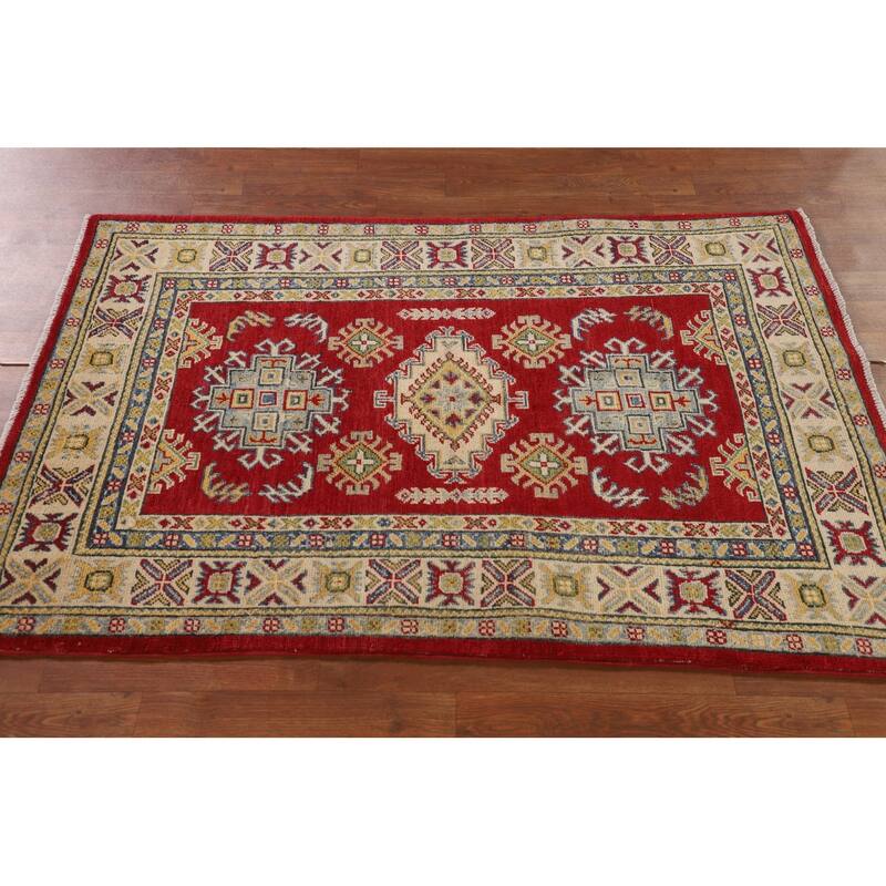 Red Kazak Oriental Accent Rug Hand-Knotted Geometric Wool Carpet - 3'4"x 5'0"