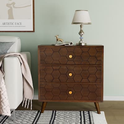 SUNBURY Solid Wood Brown Nightstand with 3-Drawers