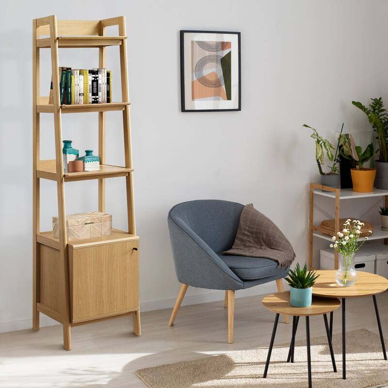 Balsam Sleek 5-Shelf Ladder Oak Wooden Bookcase with Storage Cabinet - Oak