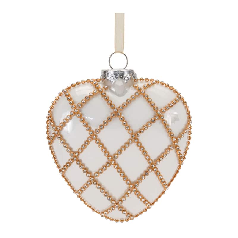 Jeweled Heart Glass Christmas Ornaments - 4.5" - White and Gold - 12ct