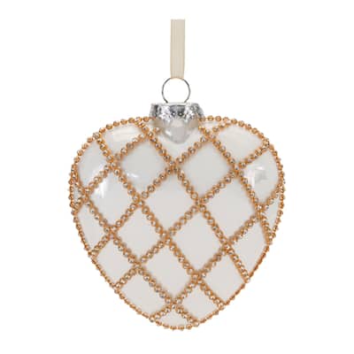 Jeweled Heart Glass Christmas Ornaments - 4.5" - White and Gold - 12ct