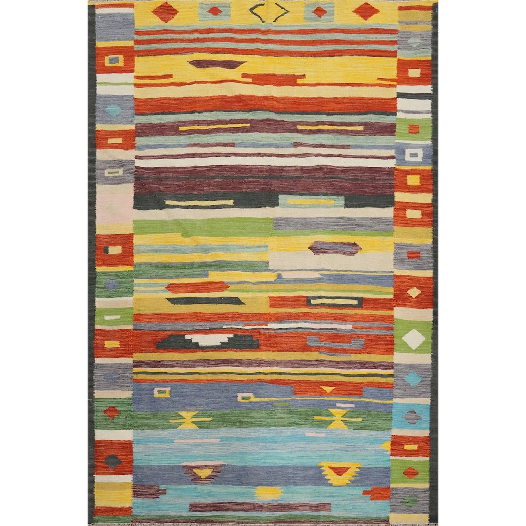 Hand Woven Oriental 100% Wool Carpet Southwestern Tribal Multi-Colored Kilim Area Rug - 6' 6'' X 5' 0''