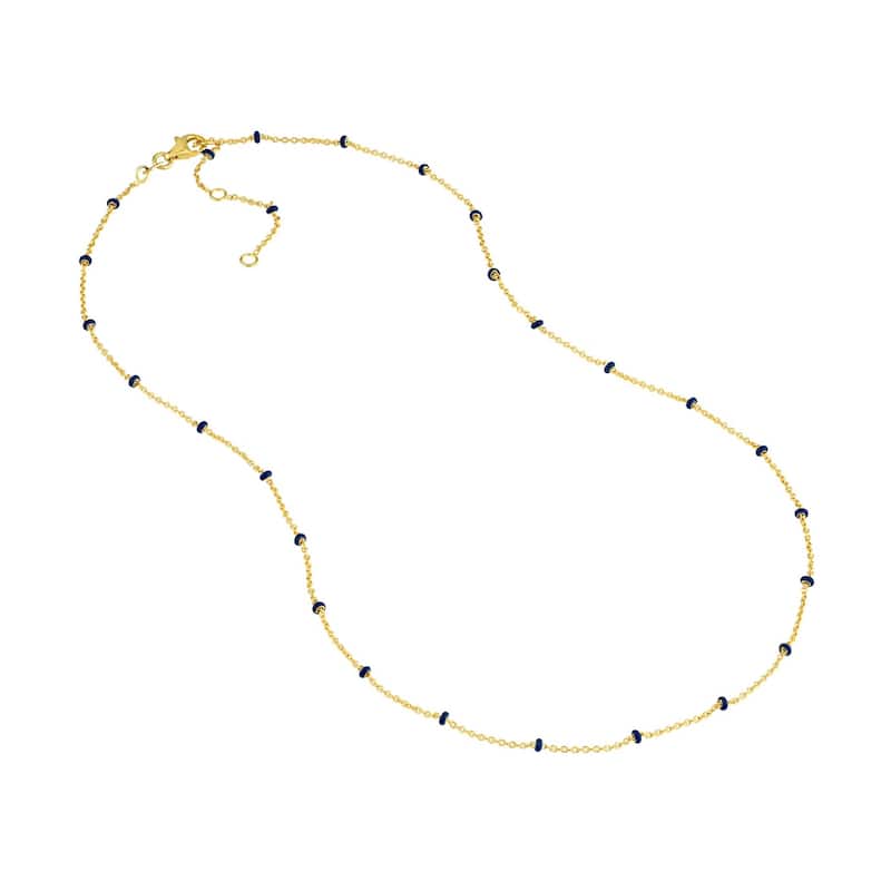 Curata 14k Yellow Gold 18" Navy Enamel Bead Station Saturn Chain Necklace
