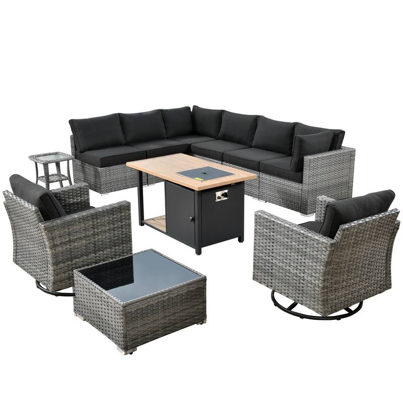 XIZZI 11-piece Outdoor Wicker Furniture Patio Swivel Chair Set with Firepit Table