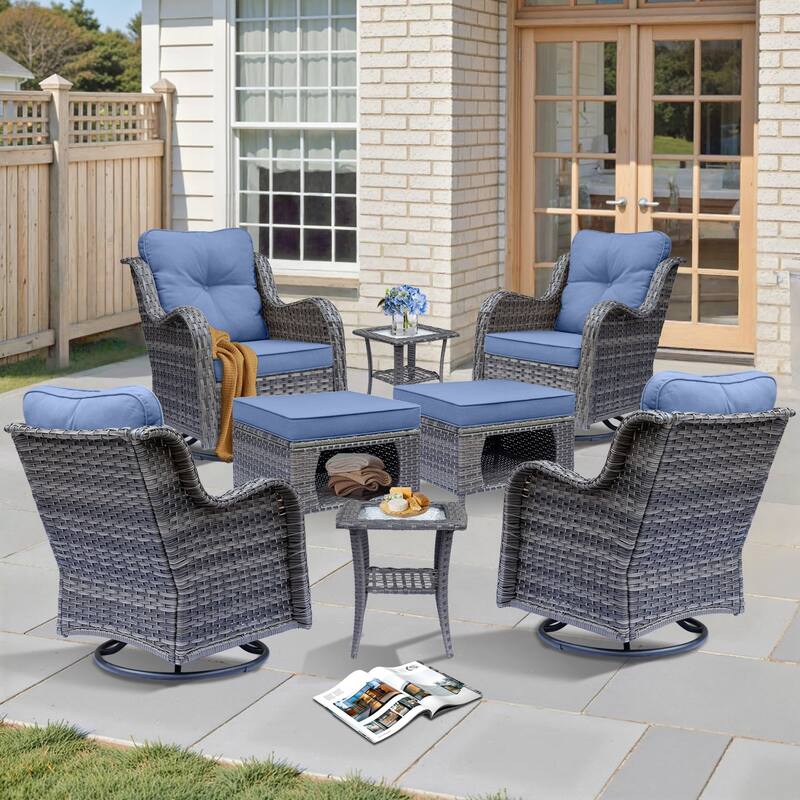 8 Piece Wicker Patio Swivel Outdoor Rocking Chair Set with Ottoman