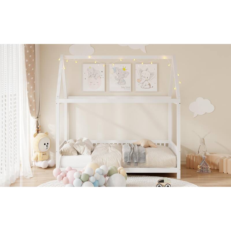 Kids Wooden Bed with Roof and Fence Style Frame, LED Lights and Full Guardrail Design