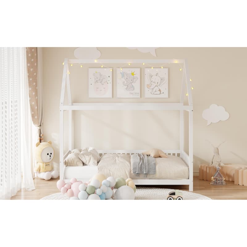 White Full Size Solid Wood House Bed with Guardrail, LED and Roof for Kids, Boys and Girls