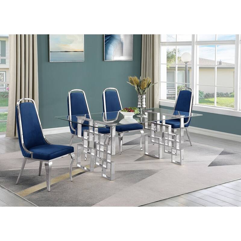 Best Quality Furniture Small Glass Table Dining Sets - 5pcs - Chrome - Navy Blue