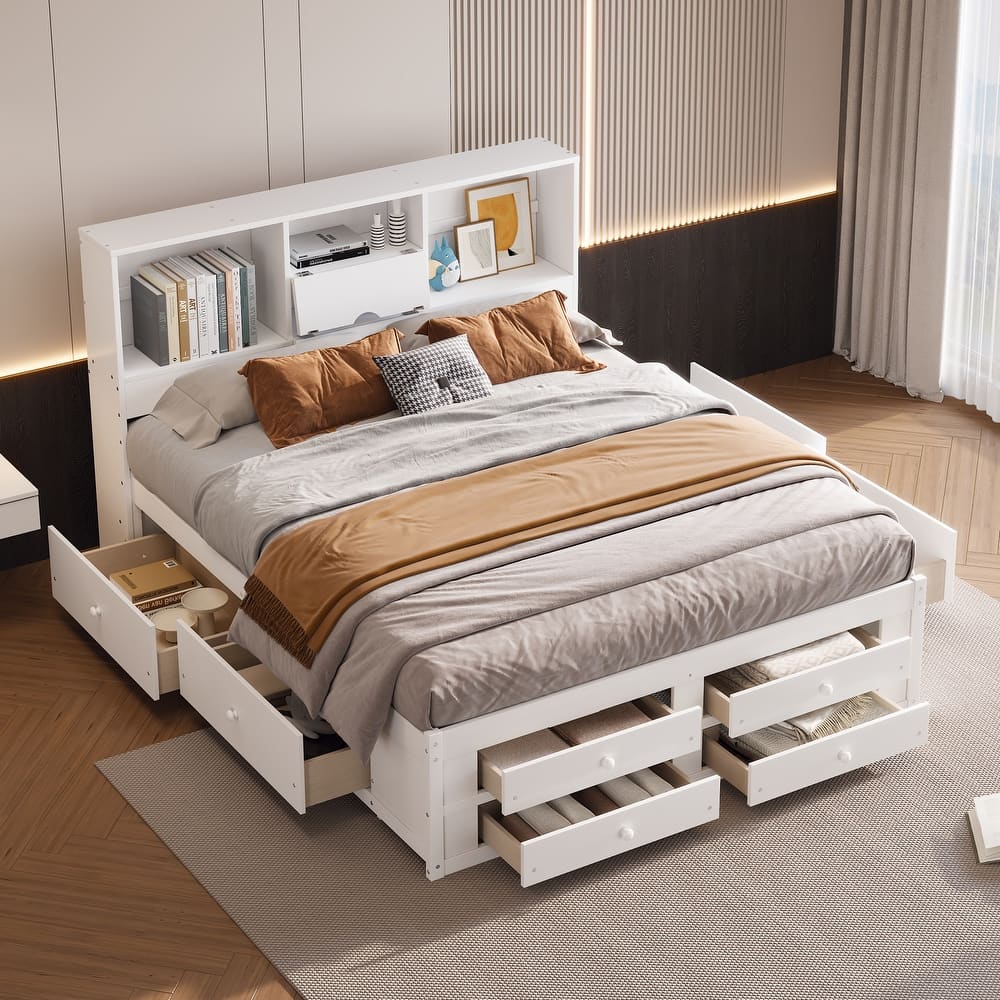 Bookcase Captains Bed with Storage Wingback Frame Bed, 2 Flip-top Doors, Under Bed 8 Drawers, Large Storage Space Platform Bed