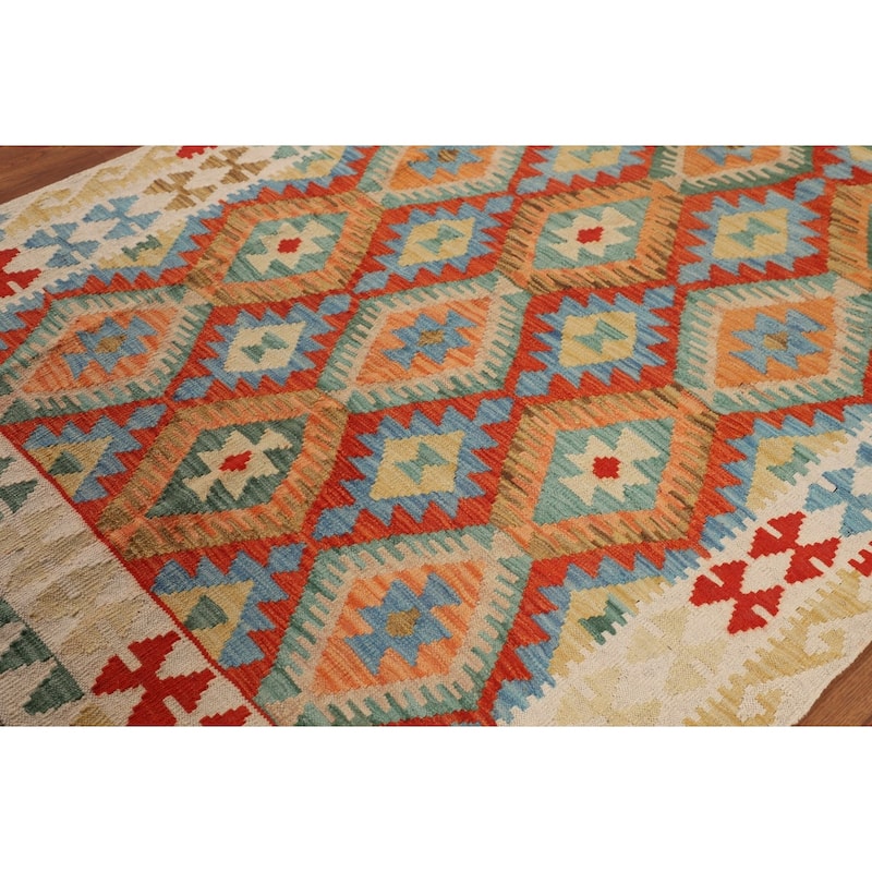 Geometric Multi-Color Kilim Oriental Rug Flatweave Wool Carpet - 5'0"x 6'6"