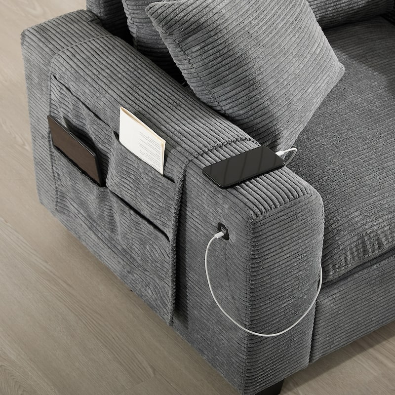 U-Shaped Chenille Upholstered Storage Sofa w/ Ottoman, Cup Holder, USB
