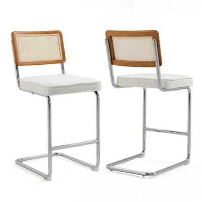 Set of 2 Ayers White Fabric Counter Stool with Rattan Backrest and Chrome Legs