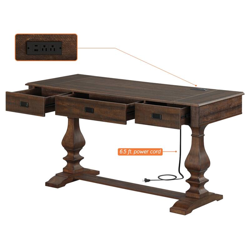 Vintage Rustic Executive Desk with Charging Station Home Office Table
