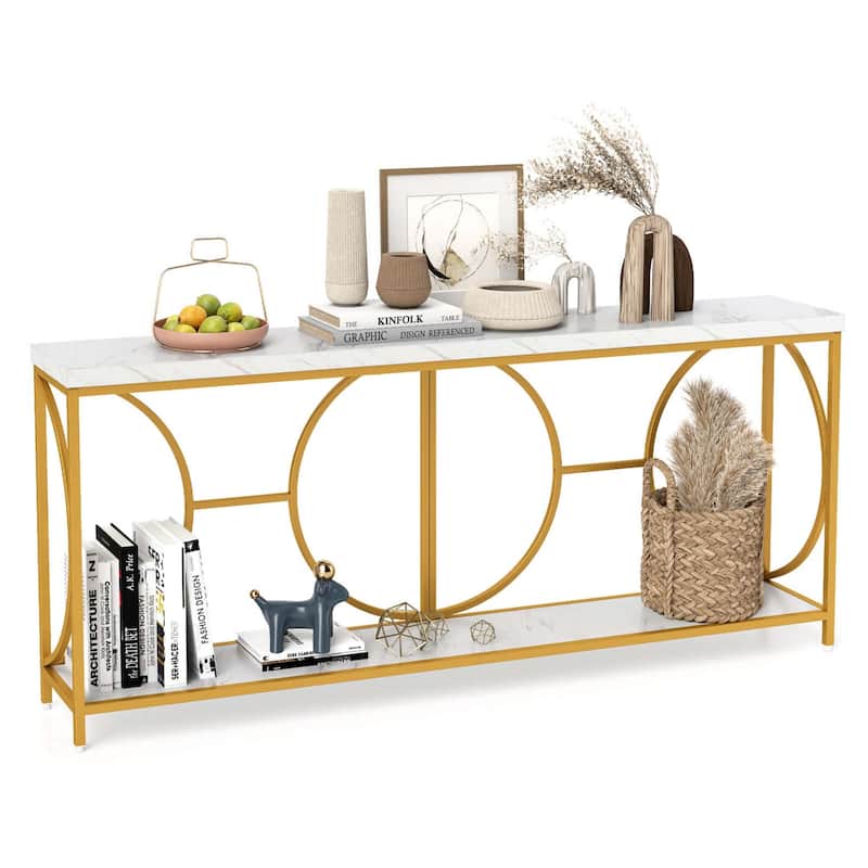 Costway 2-Tier Faux Marble Top Console Table 71" Narrow Console Table - See Details - White + Gold - See Details