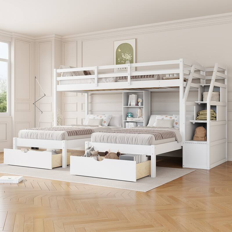 Roomfitters Twin Over Twin and Twin Triple Bunk Bed with Drawers and Storage Shelves - White - Twin