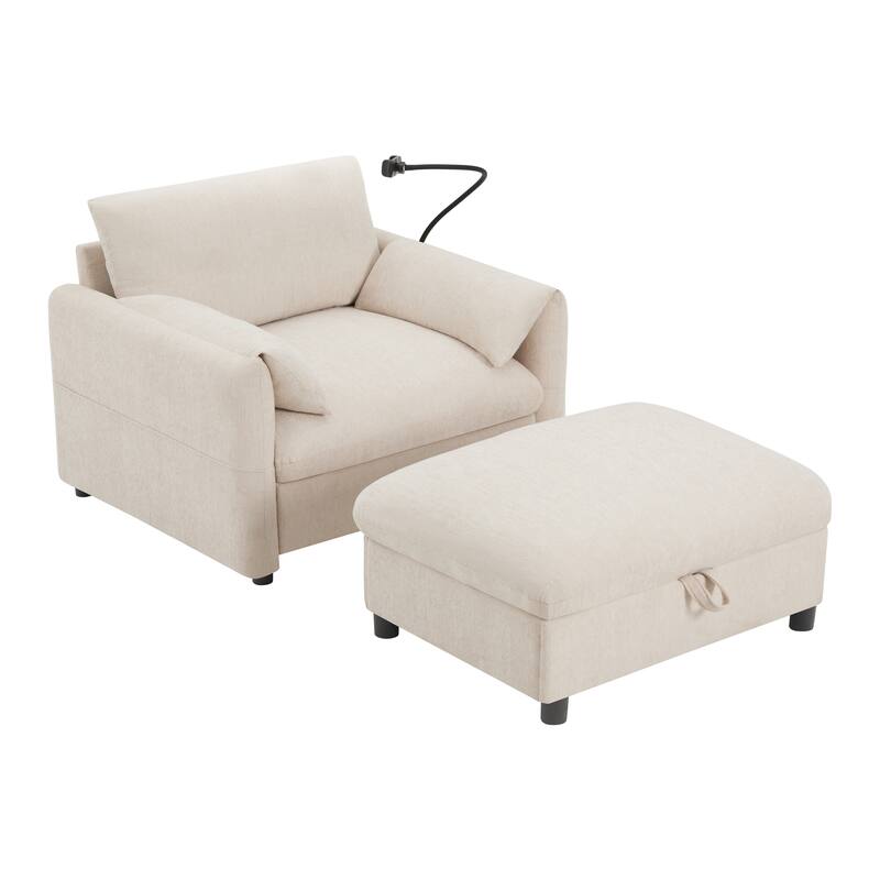 Roomfitters 37" Single Sofa with Storage Ottoman, Chenille Armchair with Phone Holder and Charging Ports, Lounge Chair
