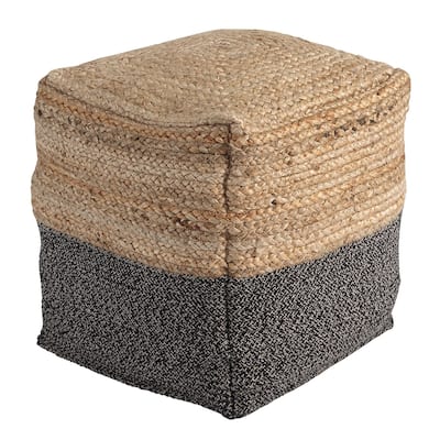 Cube Shape Jute Pouf with Braided Design, Black and Brown