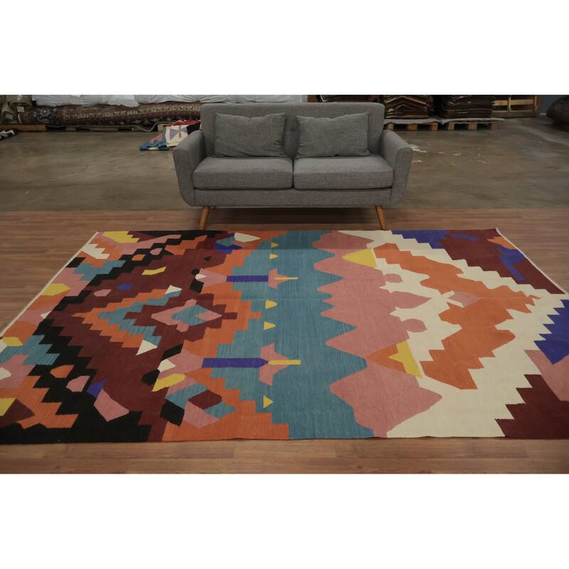 Hand Woven Oriental 100% Wool Carpet Southwestern Modern Multi-Colored Kilim Area Rug - 9' 8'' X 6' 10''