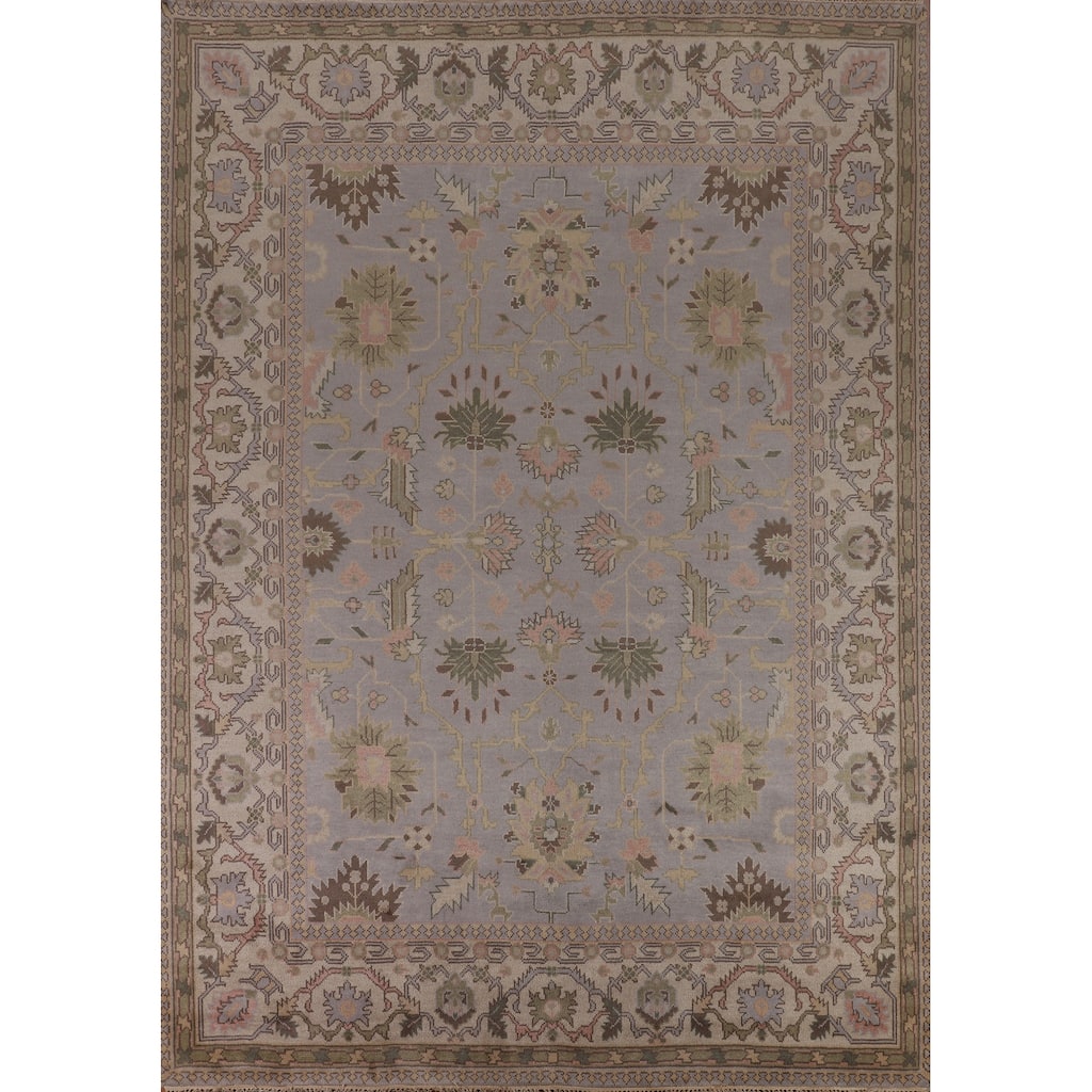 All-Over Gray & Ivory Oushak Indian Area Rug Hand-Knotted Wool Carpet - 9'4" x 11'11"