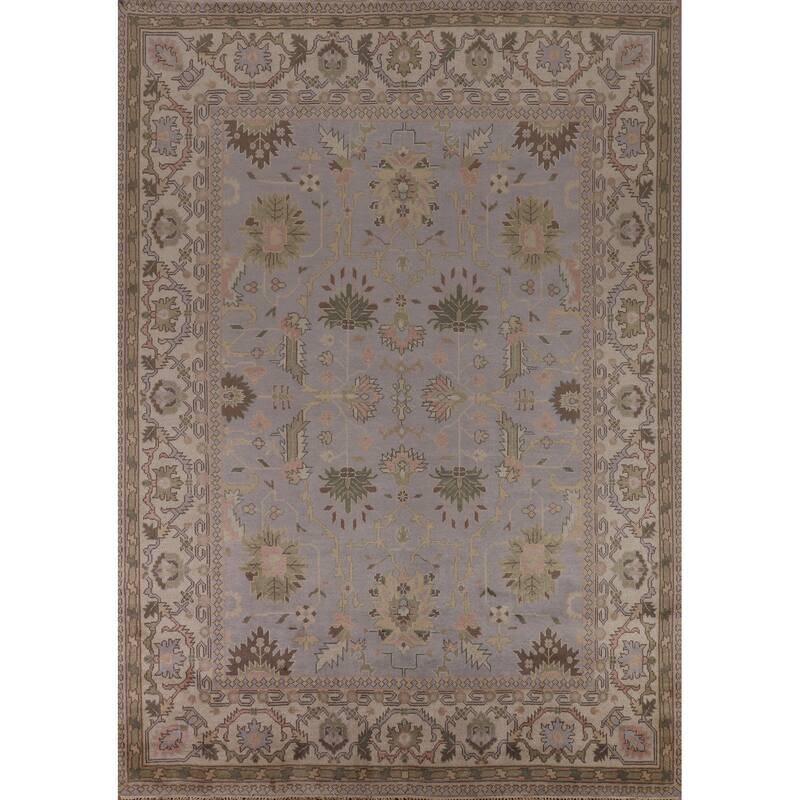 All-Over Gray & Ivory Oushak Indian Area Rug Hand-Knotted Wool Carpet - 9'4" x 11'11"