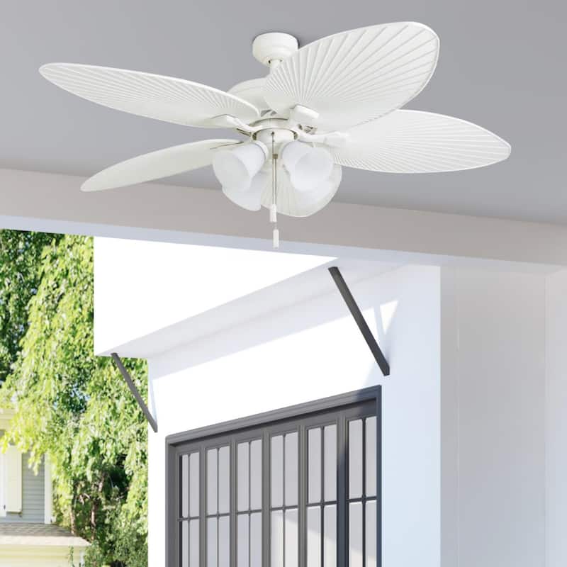 52" Honeywell Palm Lake White Indoor/Outdoor Ceiling Fan with Light, Pull Chain, 5 Palm Leaf Blade - White - Hardwired