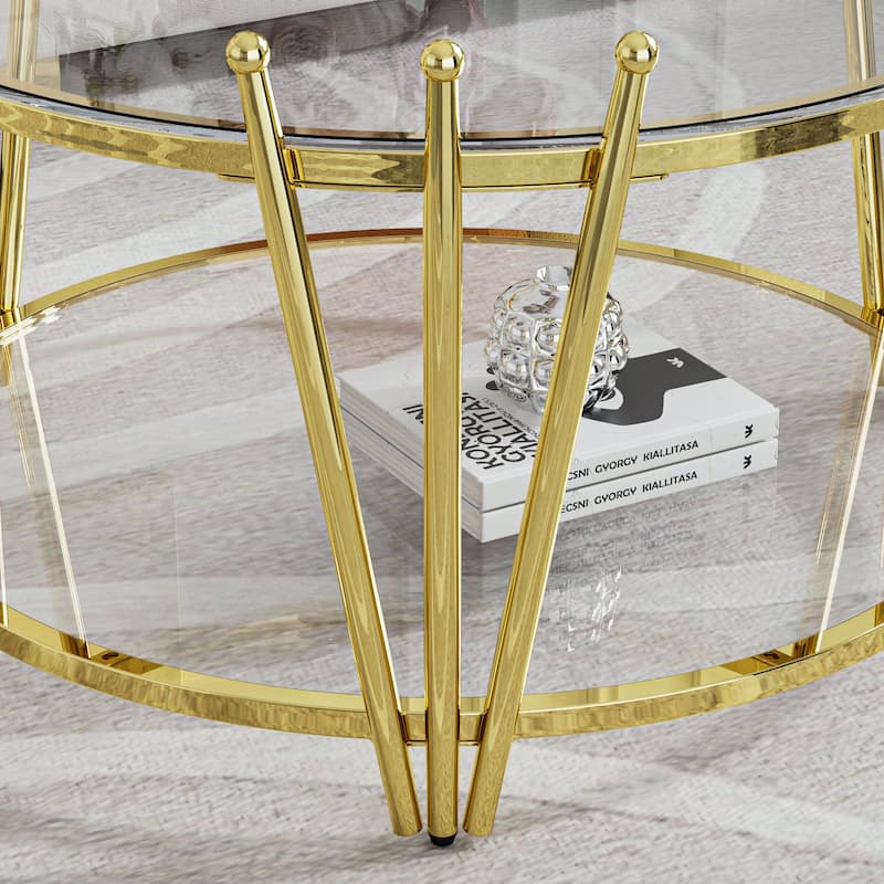 Modern Gold Round End Table with Tempered Glass Top & Crown Design for Living Room