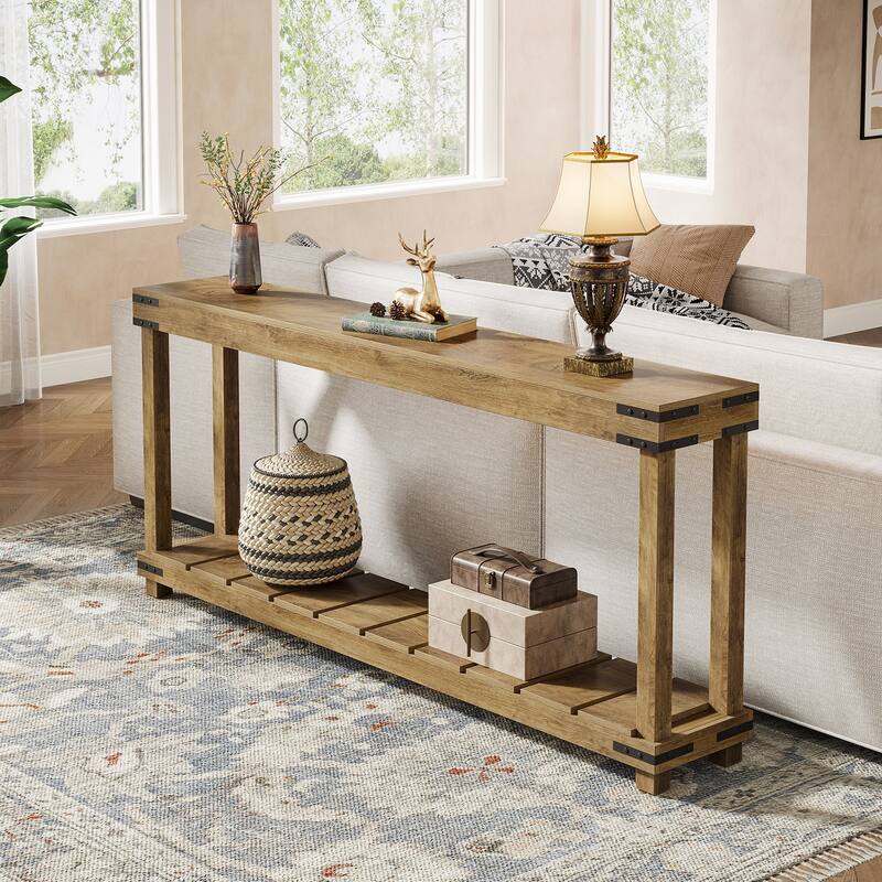 70.9-Inch 2-Tier Extra Long Console Sofa Table for Entryway - Antique Oak