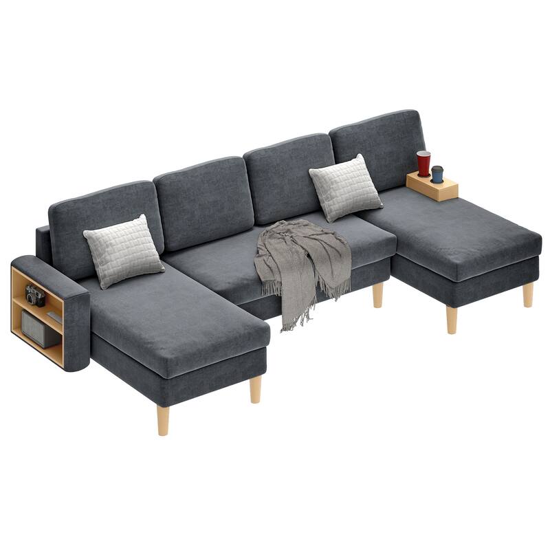 Moasis 109'' U-Shape Sectional Sofa Couch, 4 Seat Sofa Set with Double Chaise, Armrests w/ Cup Holder/Storage, 4 Thick Cushions,