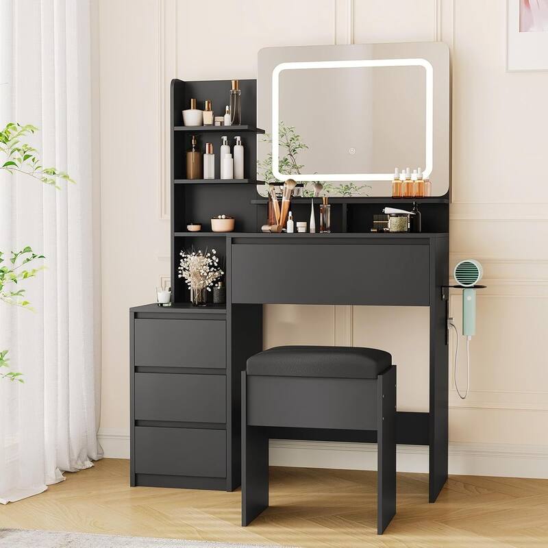 4 Drawer Makeup Vanity Desk Set with Power Outlet, USB Ports, Stool - Black