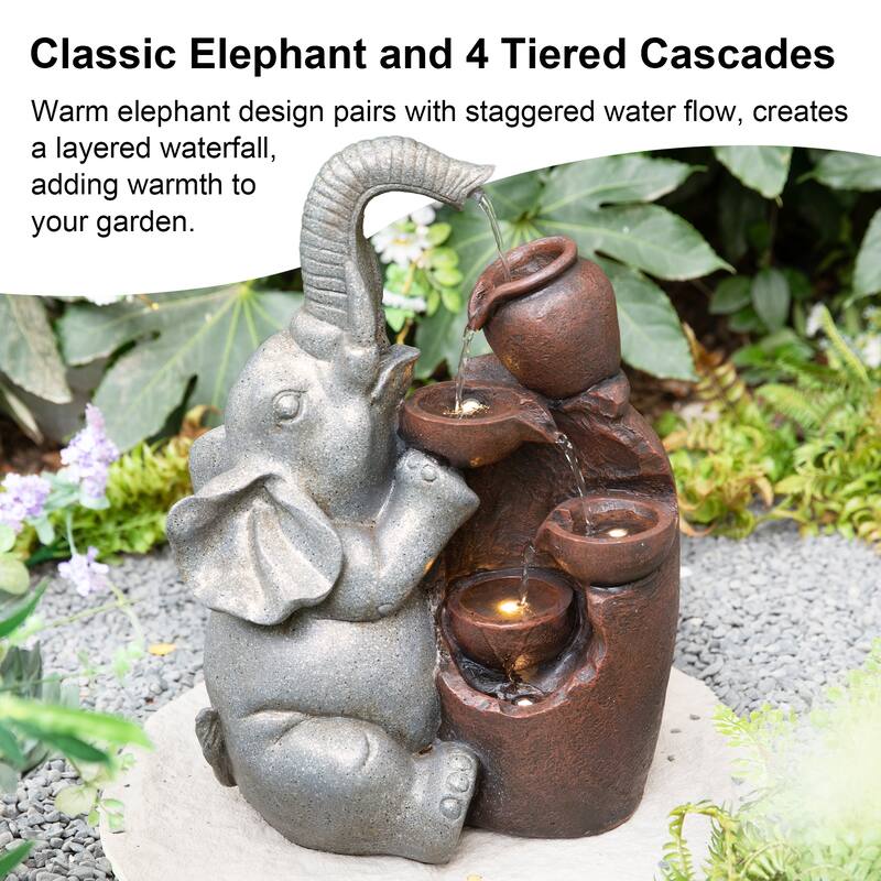 Glitzhome 4-Tiered Dogs or Elephant and Pot Polyresin Outdoor Fountain with Pump and LED Light