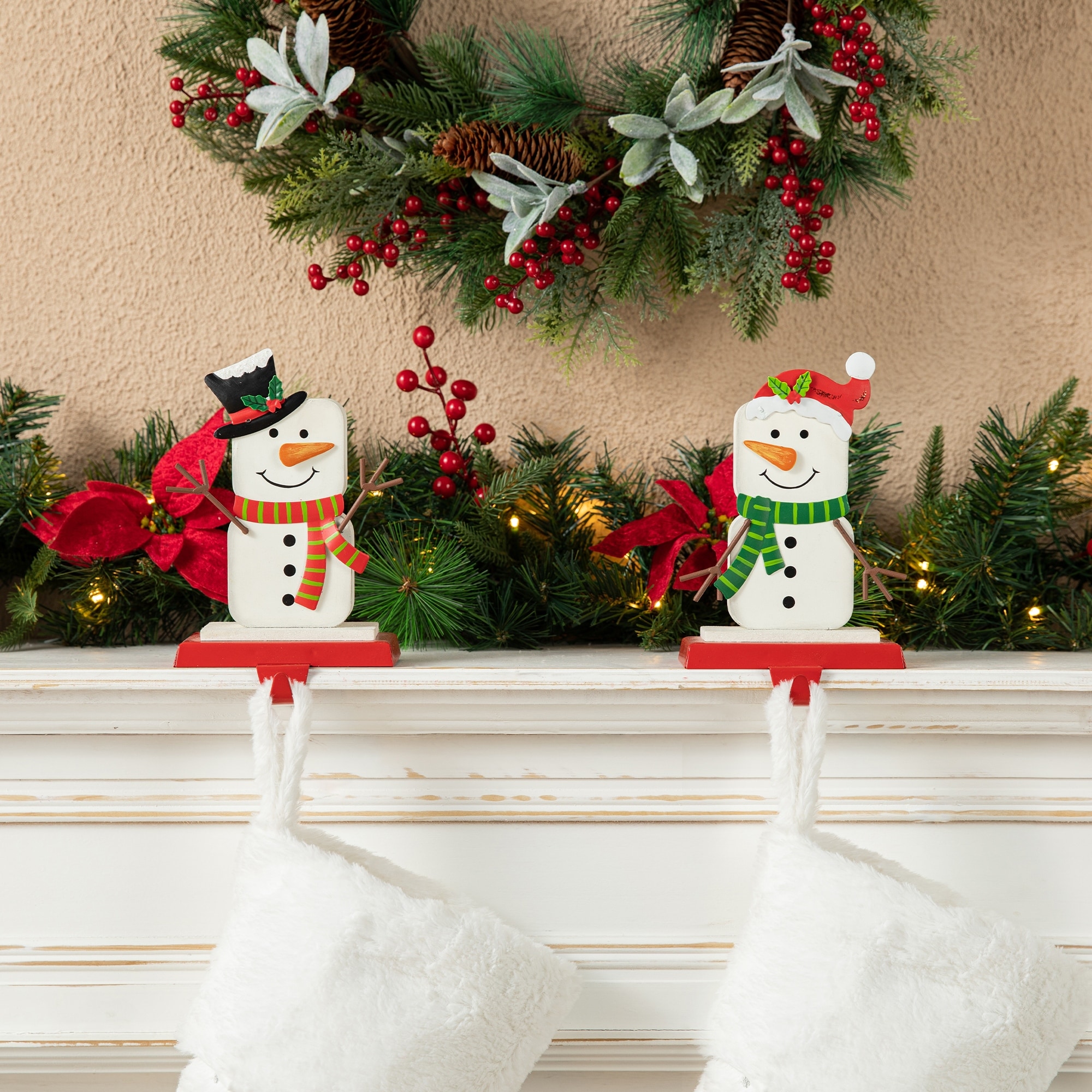 Glitzhome Set of 2 Christmas Santa & Snowman Stocking Holders Fireplace Hangers for Indoor Holiday Decor