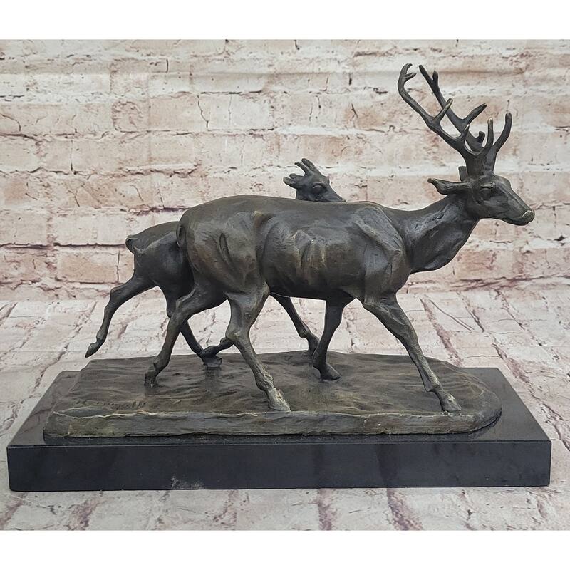 Deer Buck Elk And Doe Fawn Caribou Reindeer Bronze Statue Sculpture Marble Base 11 Inches X 13 Inches