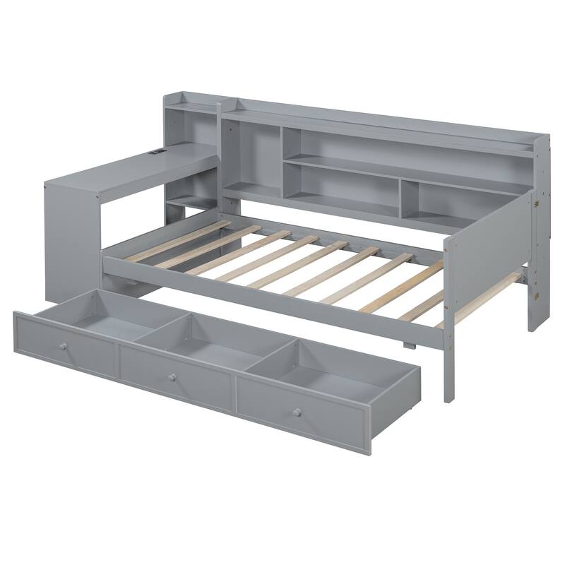 Daybed with Storage Drawers, Desk & USB Ports, Twin/Full Size Wooden Frame for Kids & Teens
