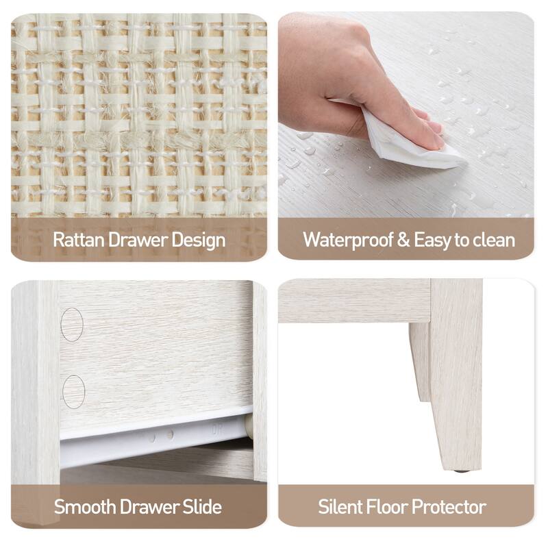 Wood Accent Boho Nightstand with 2 rattan Drawers