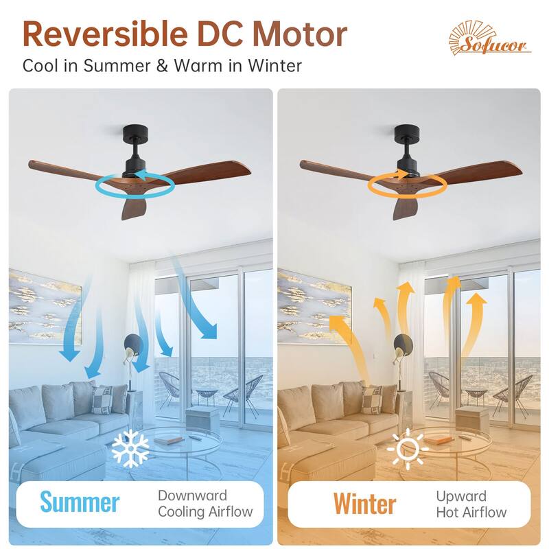 Sofucor 48/52 Inch Ceiling Fan with Light, Solid Wood Blades for Living Room, Bedroom,Smart Optional