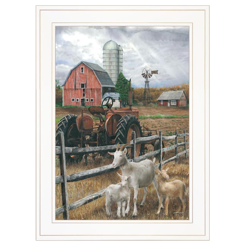 TrendyDecor4U Farmhouse "The Old Tractor" Framed Print Wall Art by Ed Wargo - Brown, Red, Tan - 15 x 19 - White