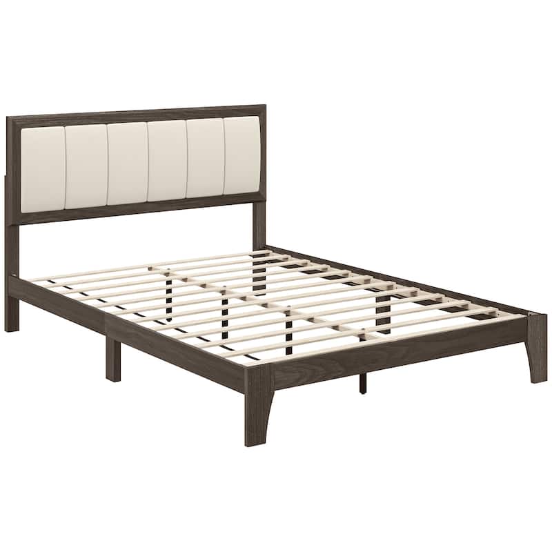 HOMCOM Full Size Bed Frame with Upholstered Headboard, Platform Bed Frame with Wooden Slats