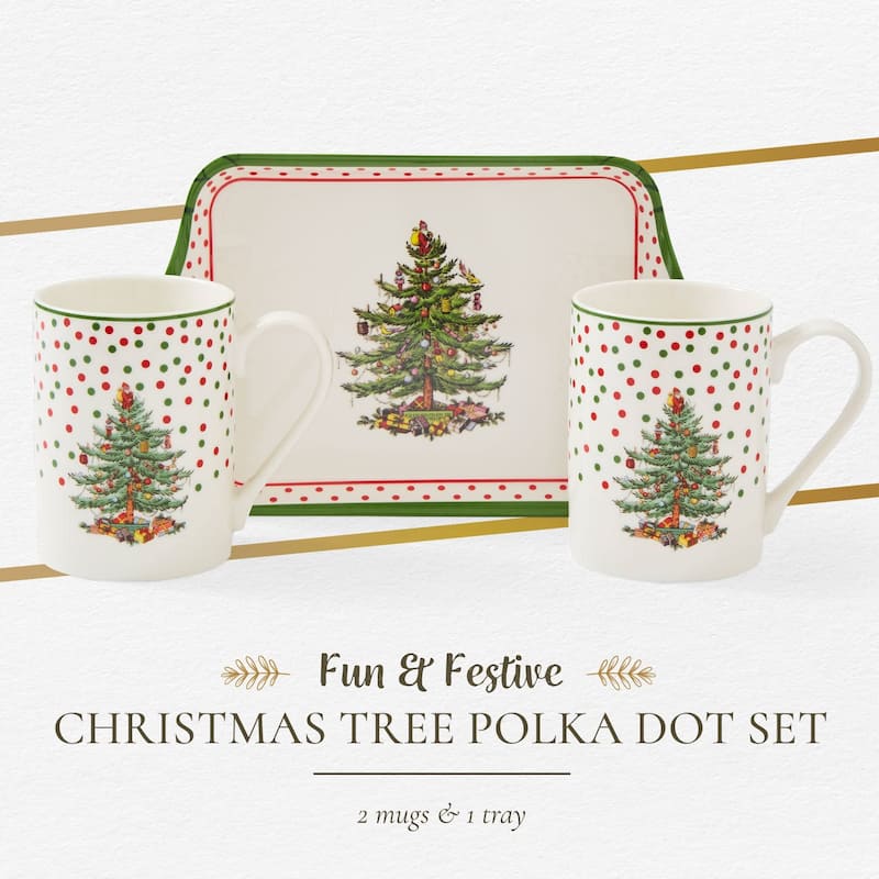 Pimpernel Christmas Tree Polka Dot Mug and Tray Set - 8" L x 5" W
