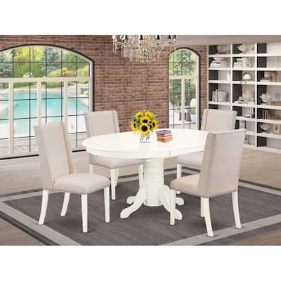 HomeStock 5-Piece Oval Linen White Finish Solid Wood Top Dining table with 4-Chairs with Butterfly Leaf Lattice Back