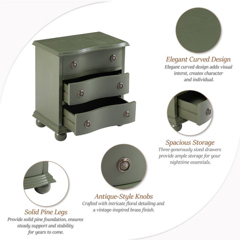 COZAYH Farmhouse 3 Drawer Nightstand with Distressed Wood Finish, Rustic Vintage Dresser with Curved Front Design