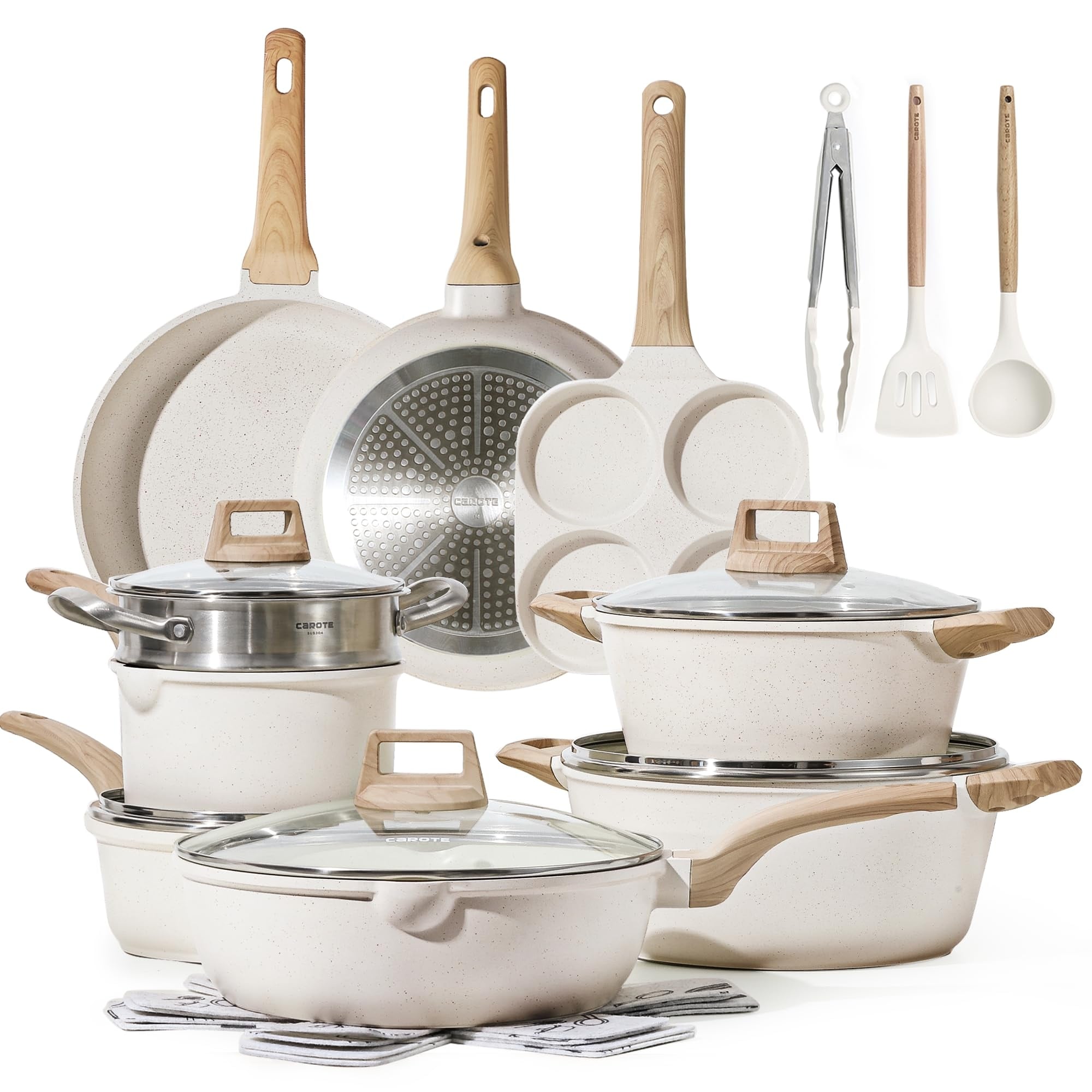 Pots and Pans Set Nonstick, White Granite Induction Kitchen Cookware Sets,  10 Pcs Non Stick Cooking Set w/ Frying Pans & Saucepans(PFOS , PFOA Free) 