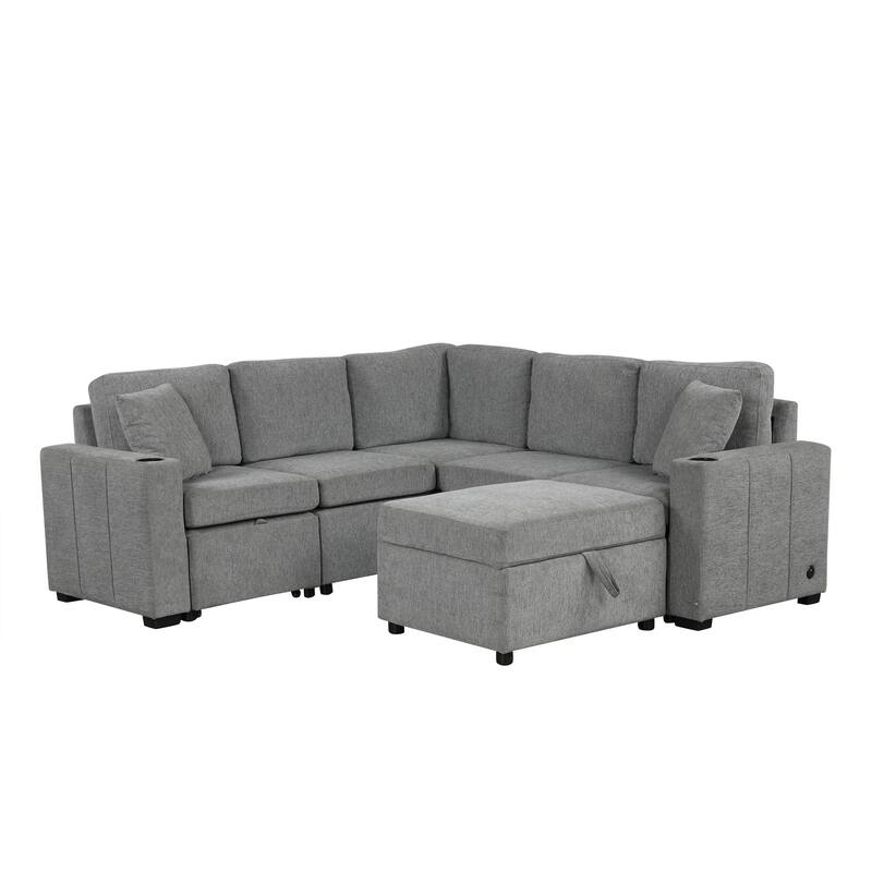 84.7" Chenille Sleeper Sectional Sofa with Storage & USB Ports